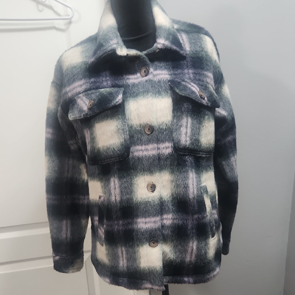 Arizona Jean Company Black and White, Purple And Green Plaid Shacket